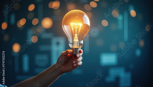 Bright glowing lightbulb held gently in a hand representing idea, innovation, or discovery on a blurred background with soft bokeh lights, conceptualizing creativity with a warm inviting ambiance.