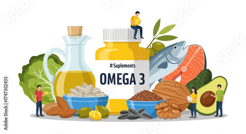 Illustration depicting sources of Omega-3 fatty acids, including fish, nuts, seeds, oil, and avocado, with miniature people interacting with the food and supplement bottle.