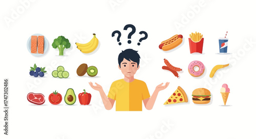 A person surrounded by healthy and unhealthy food options, with question marks above their head, indicating a decision to be made.
