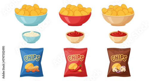 Three bowls of potato chips with accompanying dips and bags of chips in blue, red, and brown packaging.