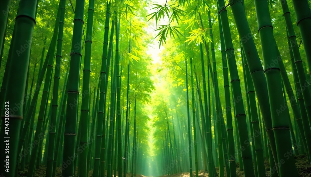 Fototapeta premium Serene Bamboo Grove Sunlight Dappled Stalks in a Peaceful, Lush Forest Setting
