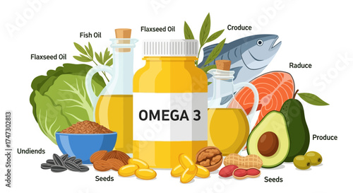 Illustration of Omega 3 sources: fish, flaxseed oil, avocado, nuts, seeds, and supplements.