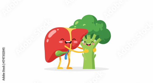 Cartoon liver character hugging a smiling broccoli character on a white background, promoting healthy eating and liver health.