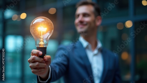 Smiling man in a professional business suit holds a glowing lightbulb, symbolizing an innovative idea, in a softly focused shot against a blurred background with warm bokeh, representing vision and...
