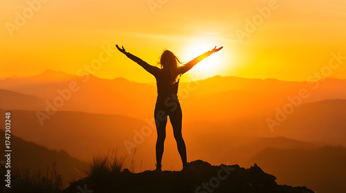Wallpaper Mural A confident and strong woman stands triumphantly on a mountaintop at sunrise, arms raised in victory. The wind blows through her hair as she gazes into the horizon, symbolizing resilience, personal gr Torontodigital.ca