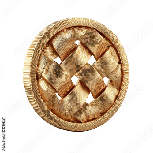 An intricate round gold medallion showcases a detailed basket weave design and a textured ribbed border against a solid black background, isolated on transparent background, perfect cutout, PNG