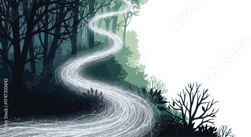 Mystical Forest Path Illuminated by Ethereal Light, Generative AI.