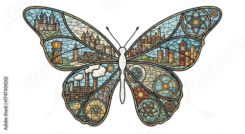 Steampunk Butterfly Art with Cityscape and Industrial Elements, Generative AI.
