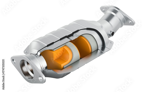 Car catalytic converter, cross section. 3D rendering
