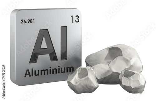 Aluminium symbol and metallic aluminium nuggets. 3D rendering