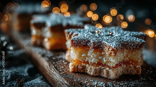 Star shaped cakes with powdered sugar on a wooden board with bokeh.
