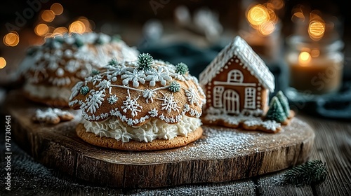 Festive pastries and gingerbread house on a wooden board with blurred background.