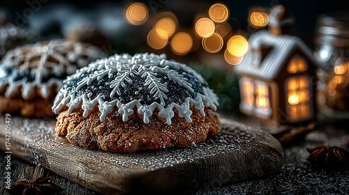 Two decorated cookies sit on a wooden board with blurred lights background.