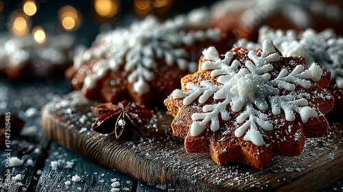 Snowflake cookies on wooden board with bokeh lights winter holiday festive treat.