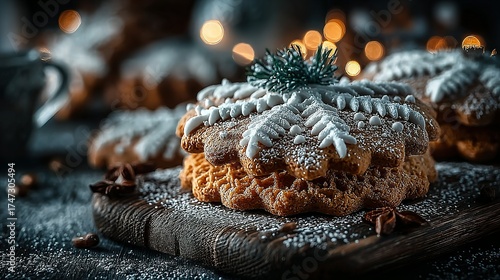 Decorated cakes sit on a wooden board with blurred lights in background.