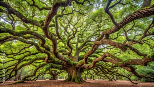 Intricate patterns of Angel Oak Tree branch network, showcasing unique knot formations and leafy foliage, woody patterns, leafy textures