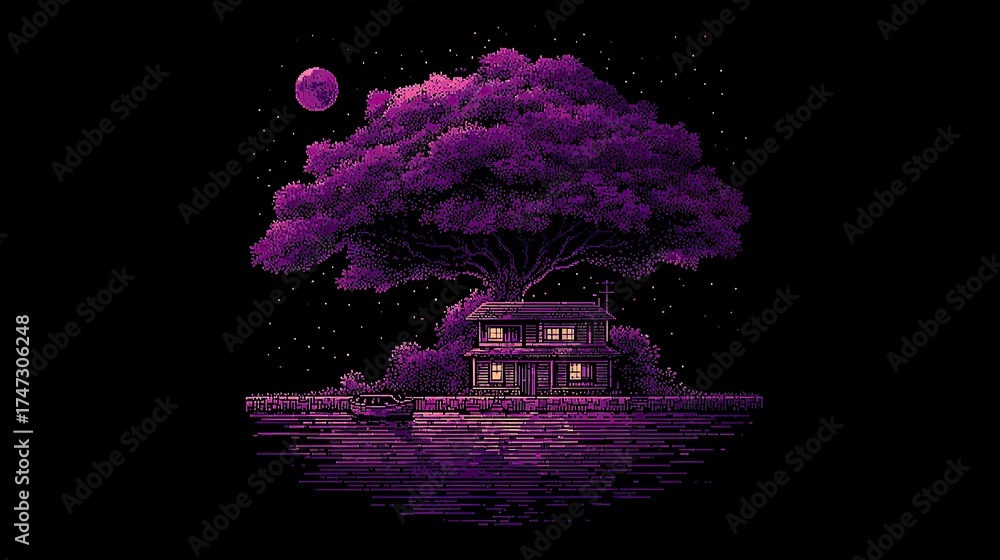 Obraz premium A pixelated, nighttime scene depicts a solitary house nestled beside a large, vibrant purple tree, near a body of water, lit by soft, interior light, under a full moon.