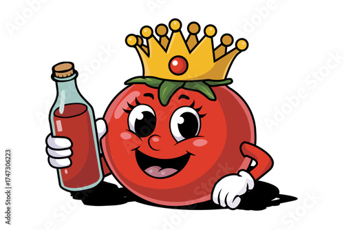 Funny red tomato mascot wearing crown and holding tomato sauce bottle isolated on white background