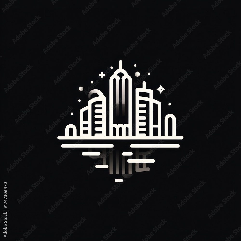 Fototapeta premium Minimalist city skyline, white linear drawing, reflected on water, against a dark backdrop