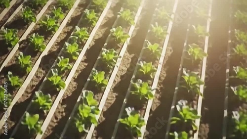 Aerial View: Rows of Lush Green Crops Growing in a Sunny Agricultural Field
