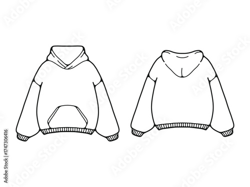 Blank Hoodie Outline Vector Template. Hoodie Front and Back Flat Sketch Vector
