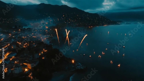 Coastal Fireworks Display: Aerial View of Celebration over Italian Seaside Town
