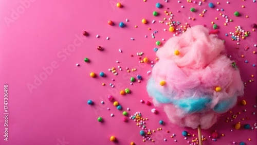 Pastel pink cotton candy scattered on a bright magenta background, with fluffy tufts and colorful sprinkles , sweet treats