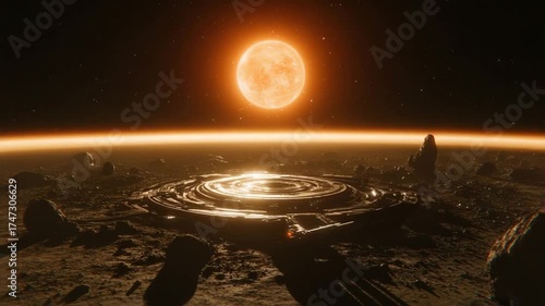 Alien Planet Sunrise: Futuristic Structure on Barren Landscape with Glowing Sun