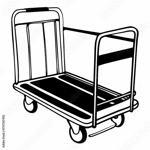 Empty airport luggage cart in simple line art design  