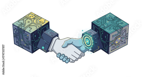 Business handshake between two cubes representing technology and finance, Generative AI.
