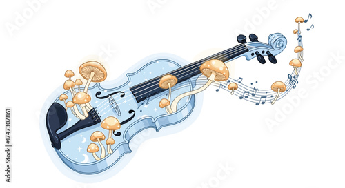 Enchanting Violin with Whimsical Mushrooms and Musical Notes, Generative AI.