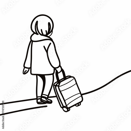 Child walking with wheeled suitcase on simple line drawing background  