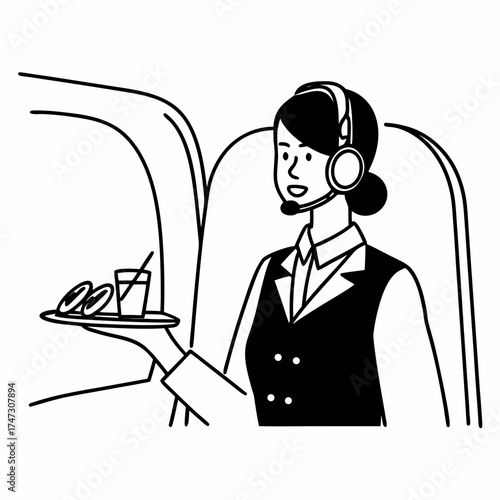 Airline stewardess serving snacks and drink to passengers in flight  