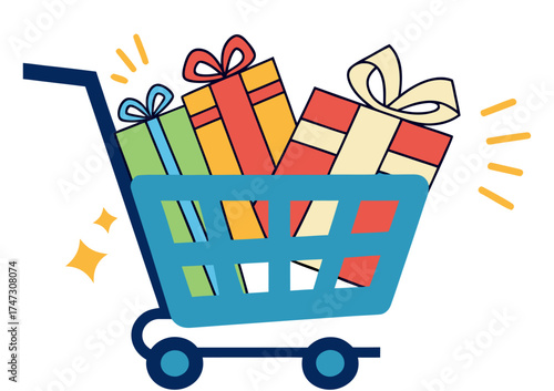 Blue shopping cart full of colorful gift presents vector illustration