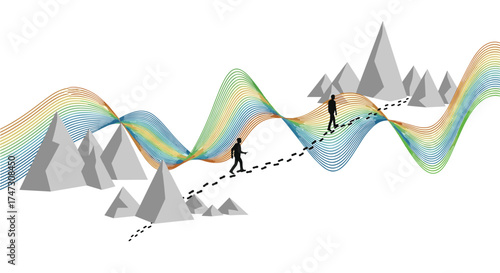 Two Silhouettes Trekking Across a Colorful Wavy Landscape with Mountain Peaks, Generative AI.