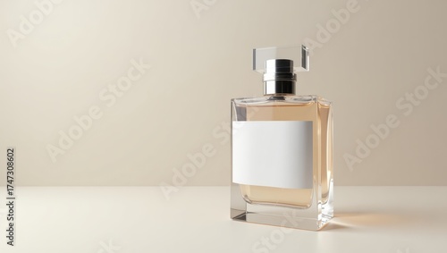An elegant fragrance bottle with a clear glass design, featuring a silver top and a blank label for product branding sits on a pristine white surface, showcasing the beauty of its golden liquid...