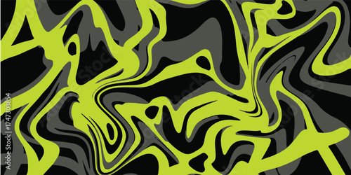 Abstract artwork with swirling patterns in black, gray, and vibrant neon green colors.