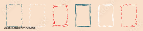 Set of rectangle hand drawn doodle distress grunge frames. Chalk, charcoal, pencil, pastel, crayon whimsical hand drawn border. Wavy scallop funky shape. Text box for greeting cards, menu, invitation