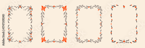 Merry Christmas and Happy New Year hand drawn doodle crayon blank frame set. Whimsical coquettish floral borders for greeting cards, holiday invitation, festive design with poinsettia and holly leaves