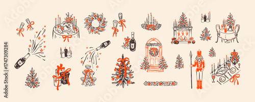 Merry Christmas and Happy New Year design doodle elements set. Whimsical crayon, pencil, chalk drawings. Home family cozy xmas dinner table. Chimney, door, festive feast decoration in coquettish style