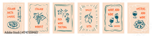 Set of Italian dolce vita style hand drawn crayon posters with wine, oysters, lemon and grape. Winery label design. Pastel, charcoal, chalk and paint brash drawing Mediterranean restaurant, bar menu
