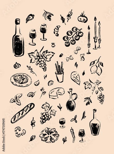 Hand drawn rough charcoal wine and Mediterranean food design elements. Minimalist art doodle vector illustration. Greek, Spanish, French seafood restaurant. Wine and oysters menu poster design