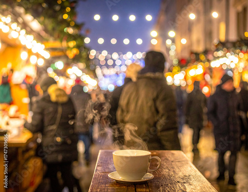 A coffee cup in close up with people at christmas night in the background