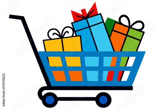 Flat vector illustration of a blue shopping cart overflowing with colorful holiday presents