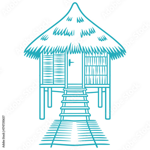 Illustration of a beach hut on stilts, perfect for summer vacation, tropical getaway, or travelrelated designs and projects