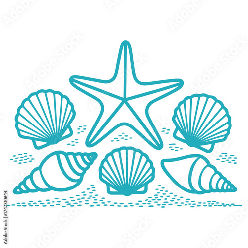 Composition of seashells and a starfish on sand, evoking a sense of summer, beach vacation, and marine life exploration