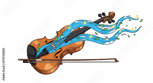 Violin with flowing blue musical notes and waves, Generative AI.