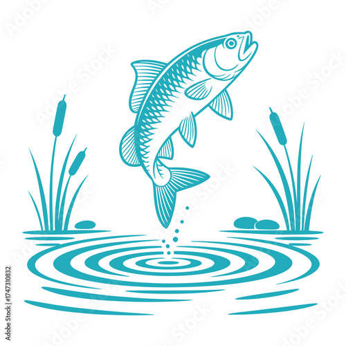 Illustration of a fish jumping out of water with reeds in the background hand drawn vector illustration in doodle style