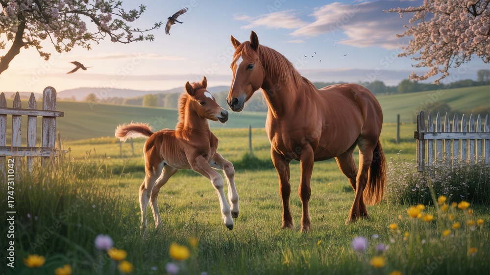 Fototapeta premium Beautiful Mother Horse and Playful Foal in Blooming Countryside Pasture at Sunrise with Birds and Wooden Fence - Spring Farm Scene