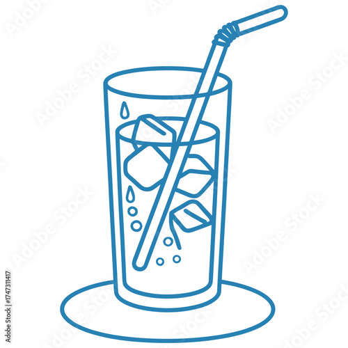 A refreshing line art illustration features a glass of ice water with a straw, perfect for quenching your thirst on a hot summer day